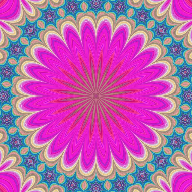 a pink flower on a blue background, psychedelic art, pattern with optical illusion, kaleidoscopic colors, circle design, repeating