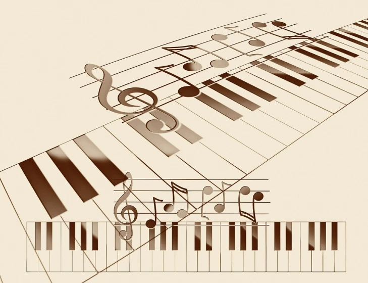 a close up of a piano keyboard with musical notes, an illustration of, by Ray Howard-Jones, shutterstock, digital art, golden ratio illustration, sepia, flat illustration, high detail illustration