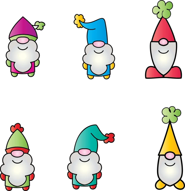 a group of cartoon gnomes standing next to each other, vector art, deviantart, art nouveau, on black paper, flower elements, tileable, mascot illustration