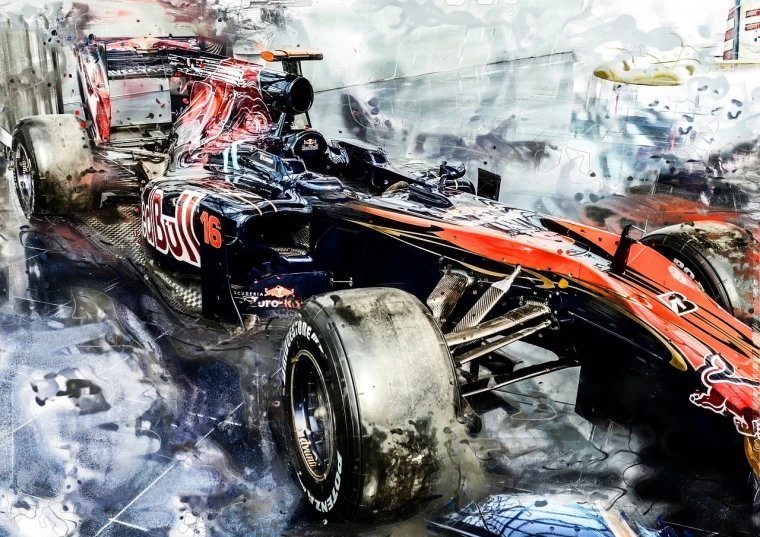 a painting of a race car in a garage, inspired by Alonso Vázquez, digital art, bats splash painting, photo-shopped, max verstappen, intricate and wet oil paint