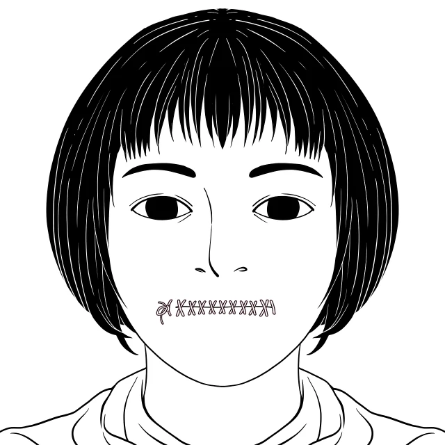 a drawing of a woman with braces on her teeth, a manga drawing, inspired by Junji Ito, ascii art, with short hair, symmetrical face illustration, ethnicity : japanese, lip scar