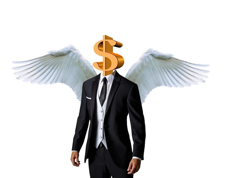 a man in a suit with wings on his head, a stock photo, by Allen Jones, pixabay contest winner, death of the money lenders, money sign pupils, imperious size, stock photo