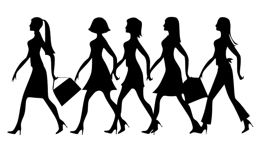a group of women walking with shopping bags, trending on pixabay, figuration libre, anthropomorphic silhouette, triad of muses, walking to work, sexy black woman walks past them