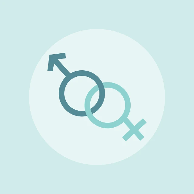 a couple of male and female symbols on a blue background, circle design, on a pale background, queer woman, teal color graded