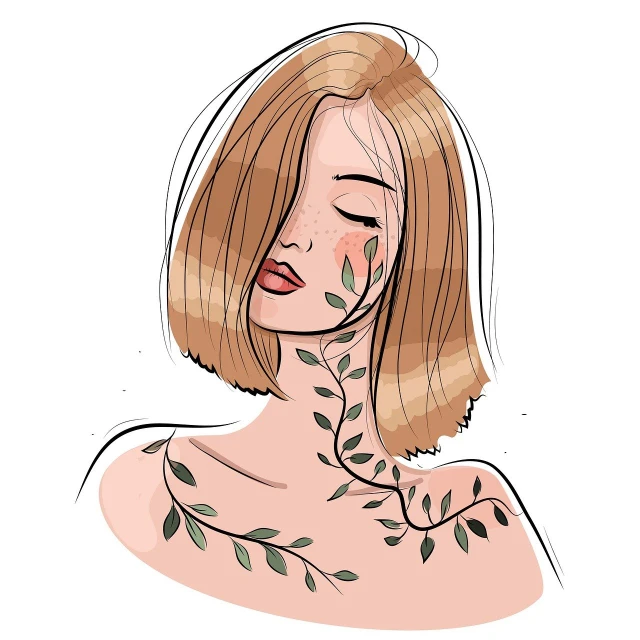 a woman with a tattoo on her chest, a digital painting, aestheticism, made of leaves, sticker illustration, flat color and line, focused on her neck