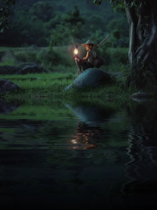 a man sitting on top of a rock next to a body of water, a detailed matte painting, inspired by Rudy Siswanto, conceptual art, girl under lantern, . background: jungle river, realistic reflection, weta disney movie still photo