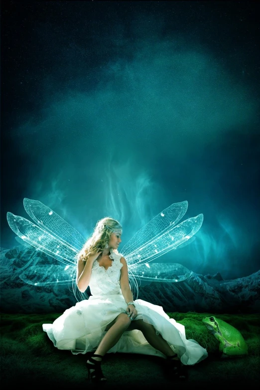 a woman sitting on top of a lush green field, digital art, inspired by Ida Rentoul Outhwaite, fantasy art, big white glowing wings, blue lighting. fantasy, photo - manipulation, beautiful princess