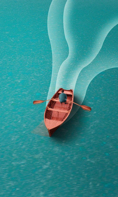 a small boat floating on top of a large body of water, a digital rendering, inspired by Quint Buchholz, shutterstock, taking from above, wooden boat, turbulence, teals