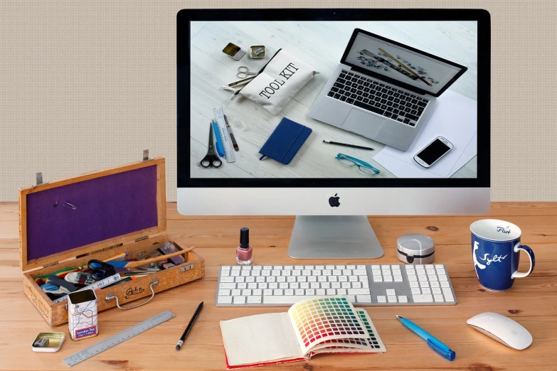 a desktop computer sitting on top of a wooden desk, a computer rendering, inspired by Edwin Georgi, trending on pixabay, art supplies, fashion designer, istockphoto, packshot