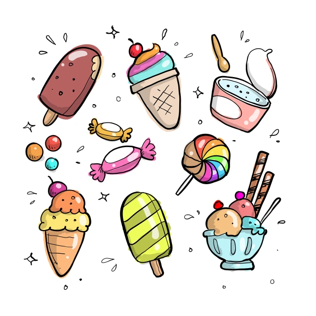 a bunch of different kinds of ice cream, concept art, pop art, comic drawing style, set against a white background, a beautiful artwork illustration, 😃😀😄☺🙃😉😗