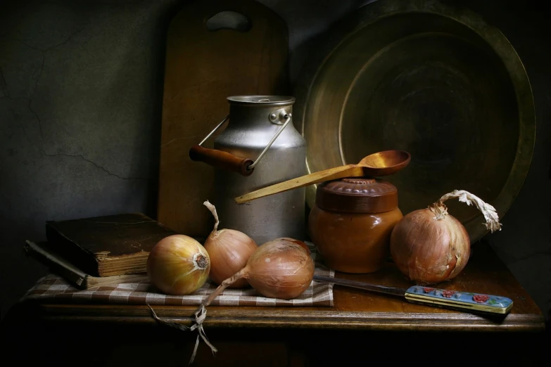 a bunch of onions sitting on top of a wooden table, a still life, by László Balogh, trending on pixabay, jar on a shelf, medieval cottage interior, spoon, of a old 17th century