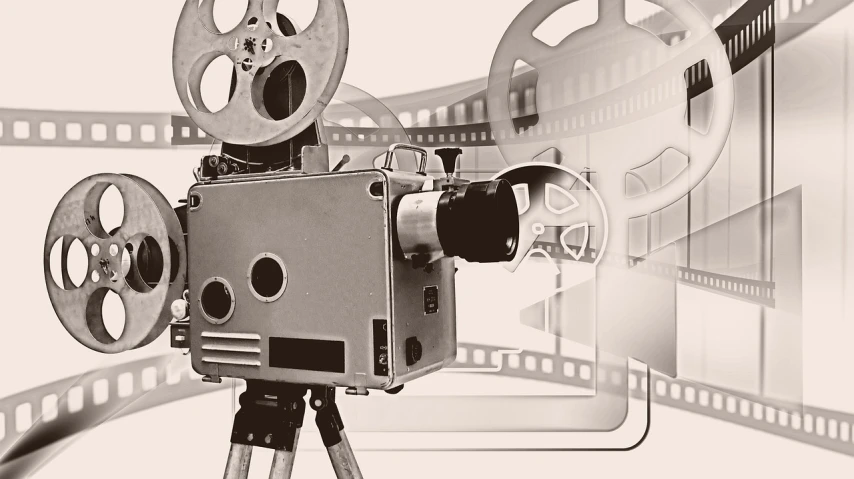 a black and white photo of a movie projector, a picture, inspired by Otto Eckmann, pixabay, video art, sepia, movie poster from 1960s, casting, color film camera