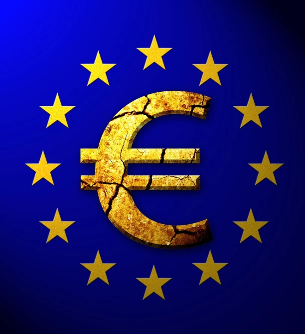 a gold euro sign surrounded by stars on a blue background, a digital rendering, renaissance, cracked earth, closeup photo, flag, breakdown