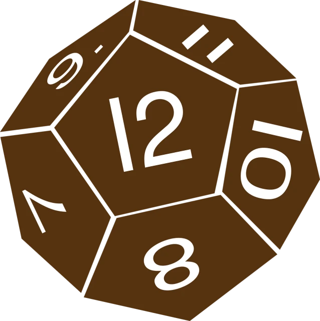 a brown dice with white numbers on it, interactive art, full color scheme, thirteen-dimensional, rpg rulebook illustration, hexagonal shaped