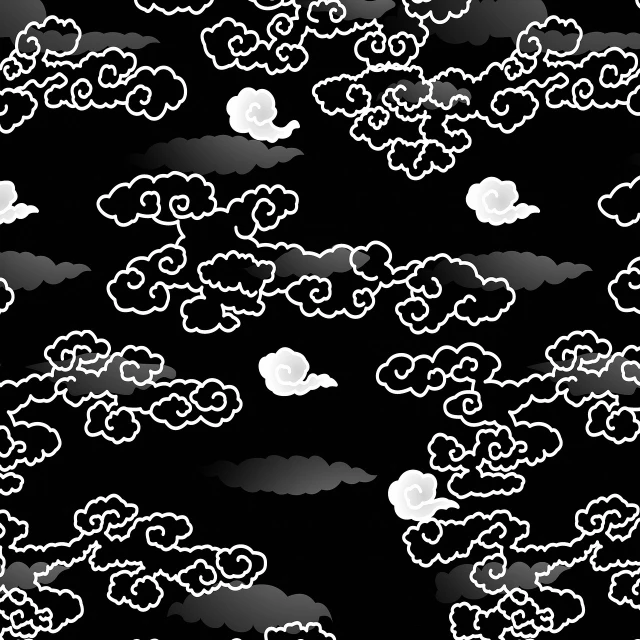 a black and white photo of clouds in the sky, lineart, inspired by Katsushika Ōi, sōsaku hanga, oriental wallpaper, with a black dark background, made with illustrator, drawn in microsoft paint