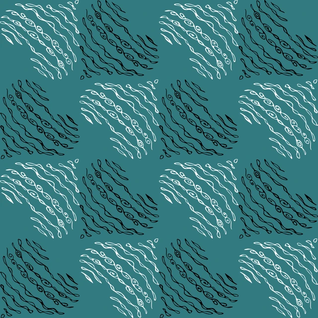 a pattern of black and white waves on a teal blue background, a digital rendering, inspired by Alesso Baldovinetti, bird view, textile print, houdini algorhitmic pattern, muted green