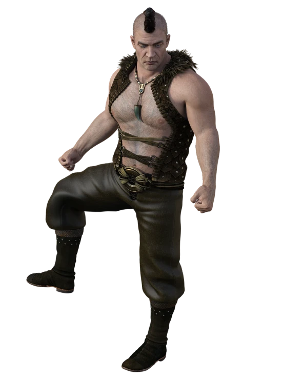 a man that is standing up with a sword, inspired by Andor Basch, zbrush central contest winner, dau-al-set, fullbody photo, kickboxer fighter, wearing leather armored vest, ingame image