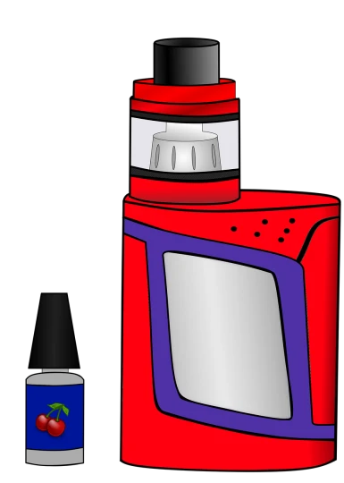 a red electronic device next to a bottle of liquid, vector art, digital art, vapor, front portrait, tanks, colored