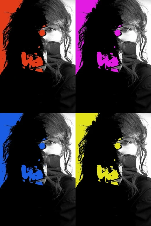 a woman with long hair covering her face, inspired by Andy Warhol, flickr, 4 colors!!!, four faces in one creature, * colour splash *, face covers half of the frame