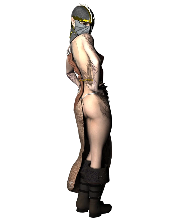 a woman that is standing in the dark, a 3D render, inspired by Andor Basch, wearing stockings. side-view, scaly!!!, female sheriff, bottom shot