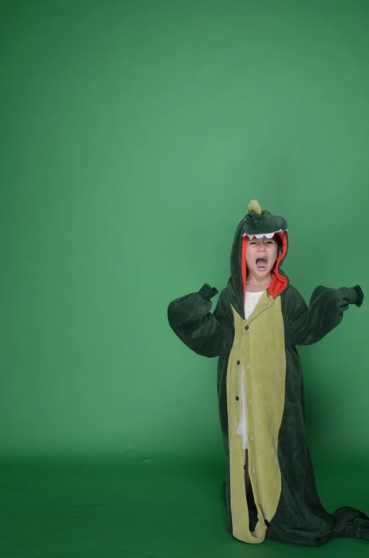 a child dressed up in a dinosaur costume, a picture, inspired by Abidin Dino, pexels, screaming and sad, stop motion animation, green dragon, set photo