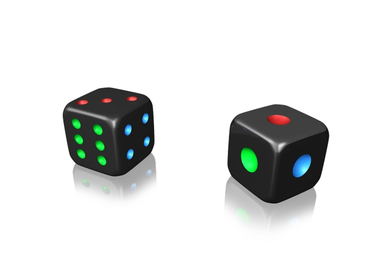 a couple of black dice sitting next to each other, a raytraced image, inspired by Ernő Rubik, polycount, cubo-futurism, glowing buttons, luminescent colors, aaaaaaaaaaaaaaaaaaaaaa, glowing leds