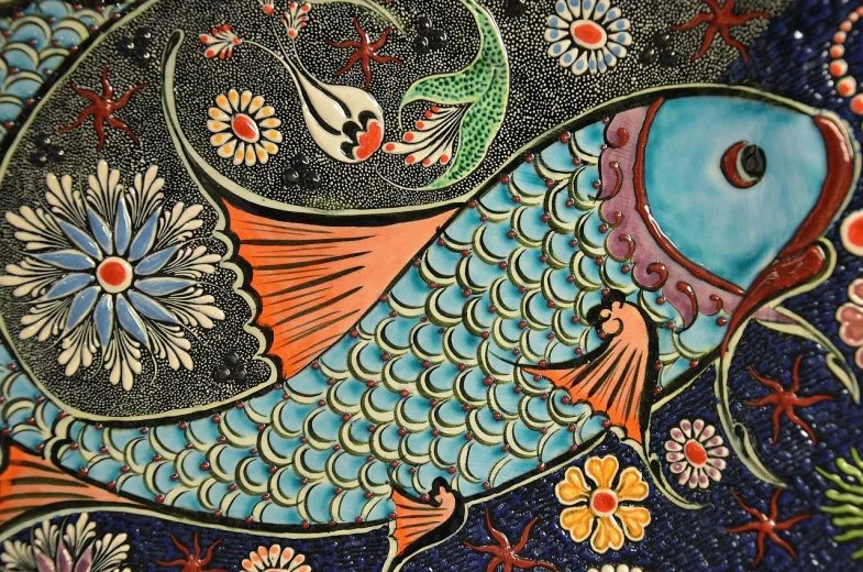 a close up of a plate with a fish on it, by Meredith Dillman, flickr, qajar art, stars and paisley filled sky, mermaid tail, turkey, deep colours. ”