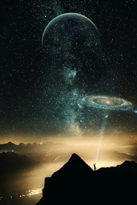 a man standing on top of a mountain under a night sky, poster art, space art, view of the one spiral galaxy, saturn in the sky, pointing to heaven, amazing photo