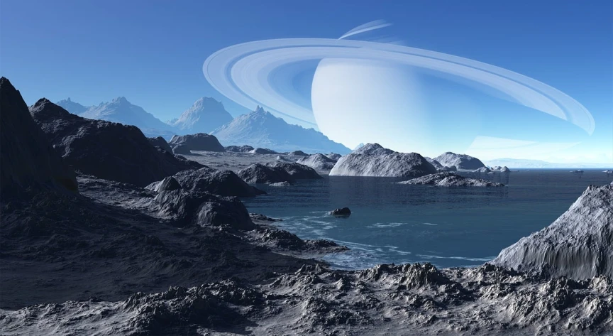 an artist's rendering of an alien landscape, planet with rings, beautiful sea landscapes, planet uranus, stunning screensaver