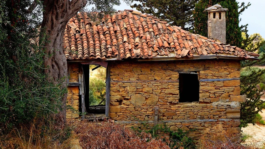 a small stone building sitting in the middle of a forest, by Tom Carapic, pixabay, broken tiles, in spain, village house, ocher details