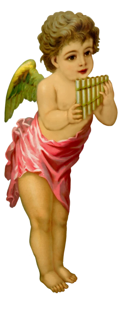 a painting of an angel playing a flute, a renaissance painting, inspired by Raphael, pink, high-body detail, thiago lehmann, palm