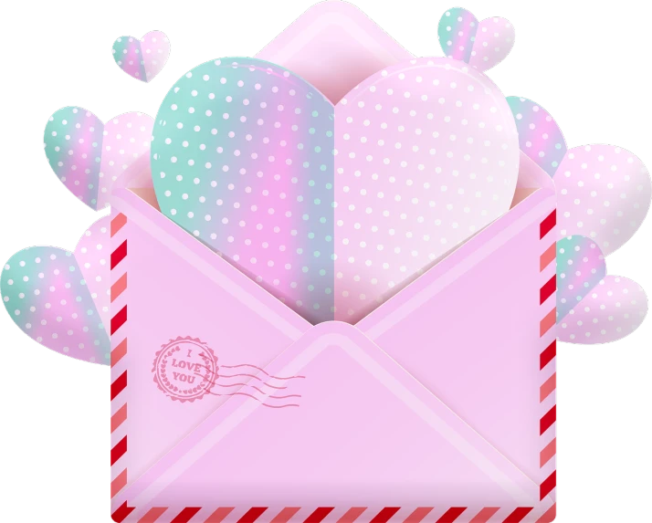 a pink envelope with hearts flying out of it, a digital rendering, inspired by Peter Alexander Hay, pixabay, mail art, pink white turquoise, profile image, bubble letters, clipart