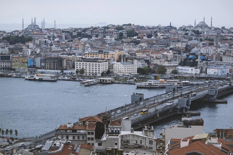 a large body of water next to a city, a tilt shift photo, hurufiyya, istanbul, footbridges between houses, high res photo