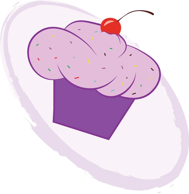 a cupcake with sprinkles and a cherry on top, a pastel, pop art, purple. smooth shank, anthropomorphic edible piechart, cutout, with a black background