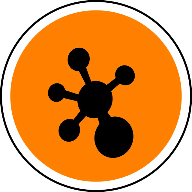 a black and orange icon in a circle, a digital rendering, by Tom Carapic, reddit, neoplasticism, molecules, backbone, sludge, serious business