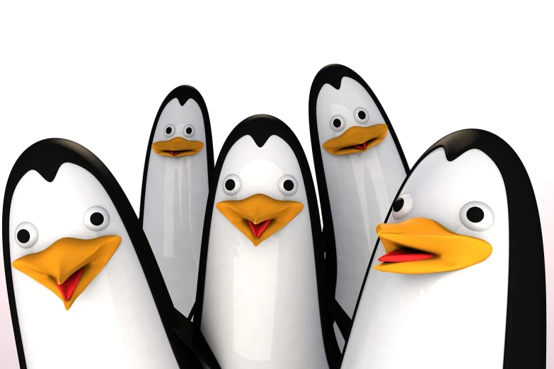 a group of penguins standing next to each other, an illustration of, by Alexander Fedosav, shutterstock, cobra, pixar render, with a pointed chin, the background is white, rays