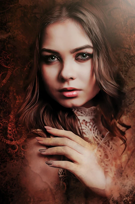 a close up of a woman with a ring on her finger, digital art, inspired by Anna Boch, trending on pixabay, digital art, girl with brown hair, intricate photo, portrait of beautiful vampire, beautiful young girl