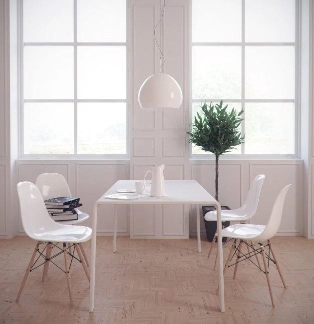 a room with a table, chairs and a potted plant, a 3D render, inspired by Constantin Hansen, shutterstock, minimalism, bright daylight indoor photo, white plastic, high definition render, photorealistic illustration