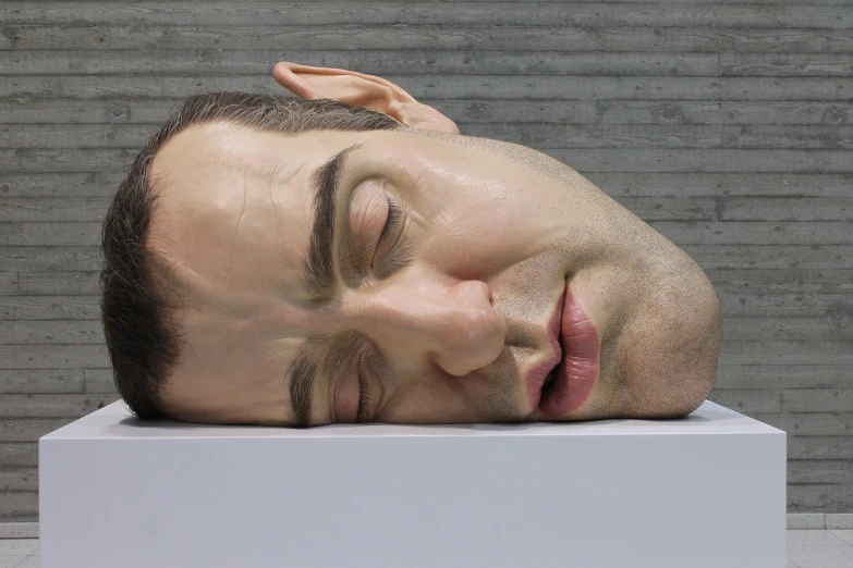 a sculpture of a man sleeping on top of a white box, a hyperrealistic painting, inspired by Karel Dujardin, hyperrealism, closeup of the face, ( ultra realistic, life-size, “hyper realistic