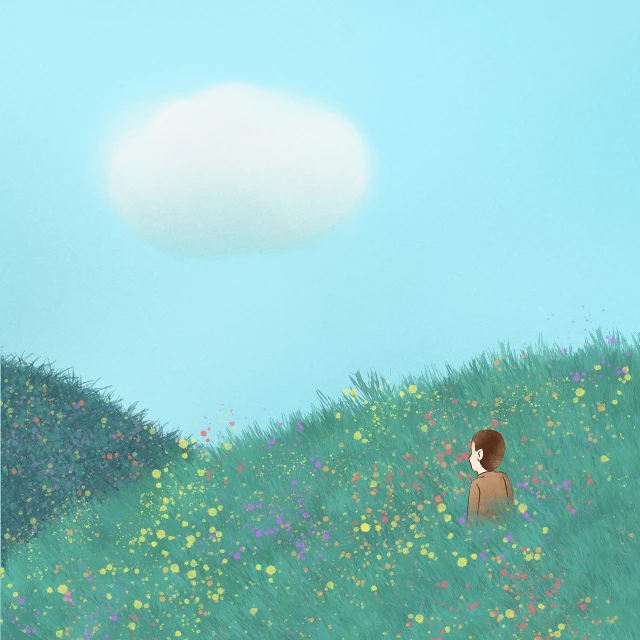 a painting of a person in a field of flowers, a digital painting, by Maki Haku, deviantart contest winner, children's book illustration, distant clouds, simple illustration, hillside