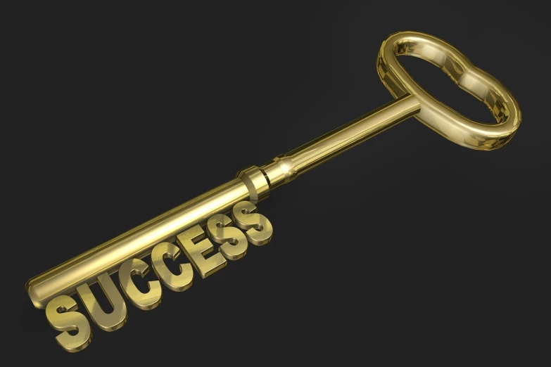a golden key with the word success on it, pixabay, excessivism, 3 d daz occlusion, stock photo, on a dark background, miranda meeks
