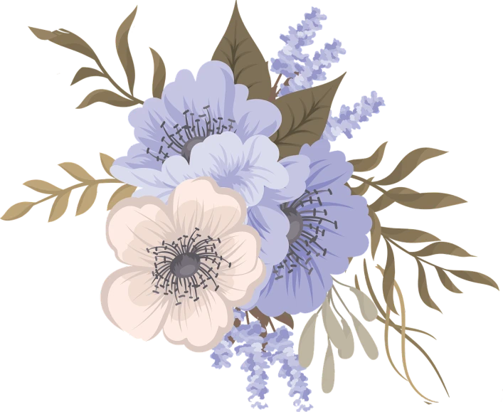 a bouquet of flowers on a black background, vector art, behance contest winner, lavender blush, blue flowers accents, anemone, illustrator vector graphics