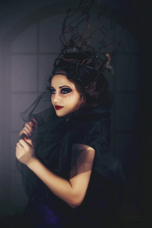 a woman in a black dress posing for a picture, a picture, inspired by irakli nadar, gothic art, dark eye make - up, disney villain, veiled, lola dupre