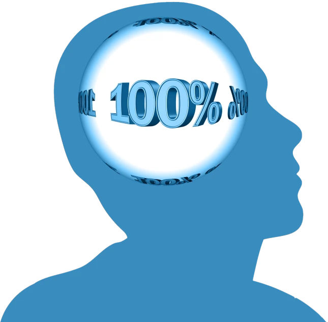 a man's head with the words 100 % on it, pixabay, blue brain, proportion, stock art, 1 0 0 1