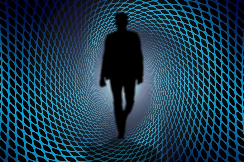 a silhouette of a man walking through a tunnel, digital art, torus energy, maze-like, business, in the astral plane ) ) )