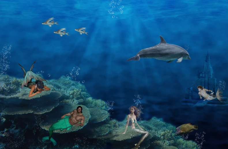 a group of mermaids and dolphins swimming in the ocean, fantasy art, detailed photo of virtual world, maui, an diver is under the sea, high resolution and detail