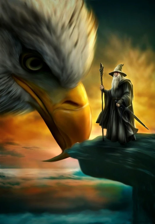 a man standing on top of a cliff next to an eagle, an airbrush painting, fantasy art, gandalf the white, big beak, closeup!!!!!!, yellow beak