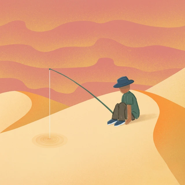 a man sitting on top of a sandy hill next to a fishing pole, trending on behance, conceptual art, stylised flat colors, serene desert setting, children's illustration, new yorker illustration