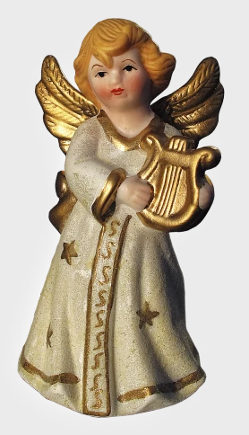 a statue of an angel holding a harp, a statue, inspired by Ángel Botello, folk art, christmas, full image, above view, album photo