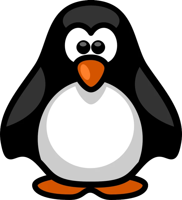 a black and white penguin with an orange nose, a cartoon, pixabay, mingei, with a white muzzle, children's cartoon, he is wearing a black, silver